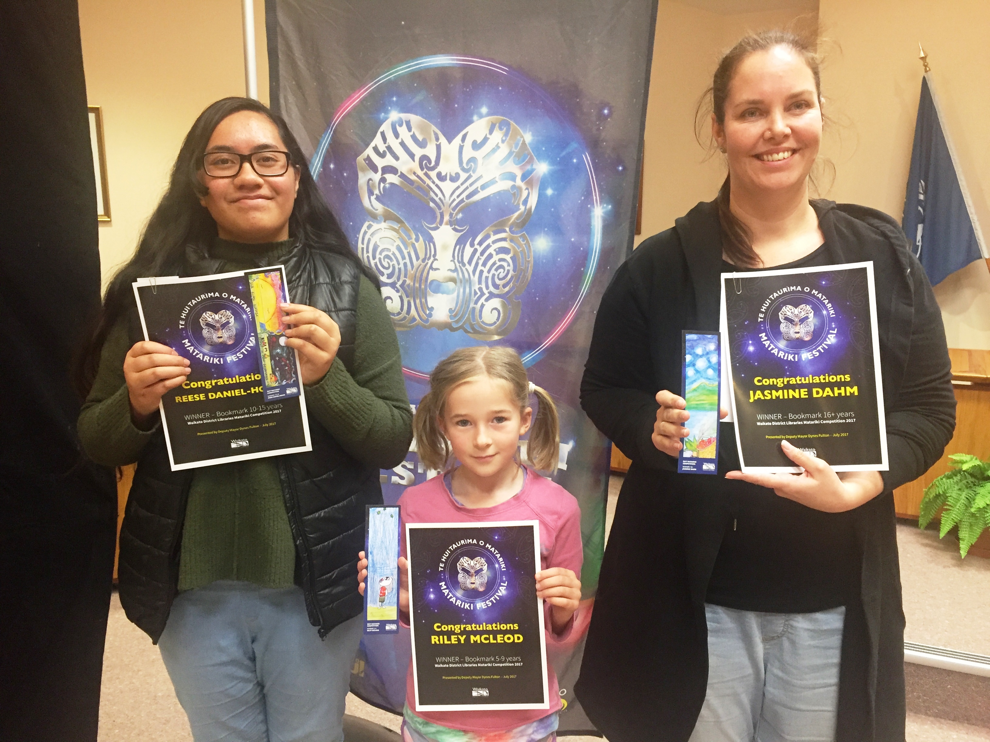 Bookmark winners: Reese Daniel-Hoani, Riley McLeod, Jasmine Dahm