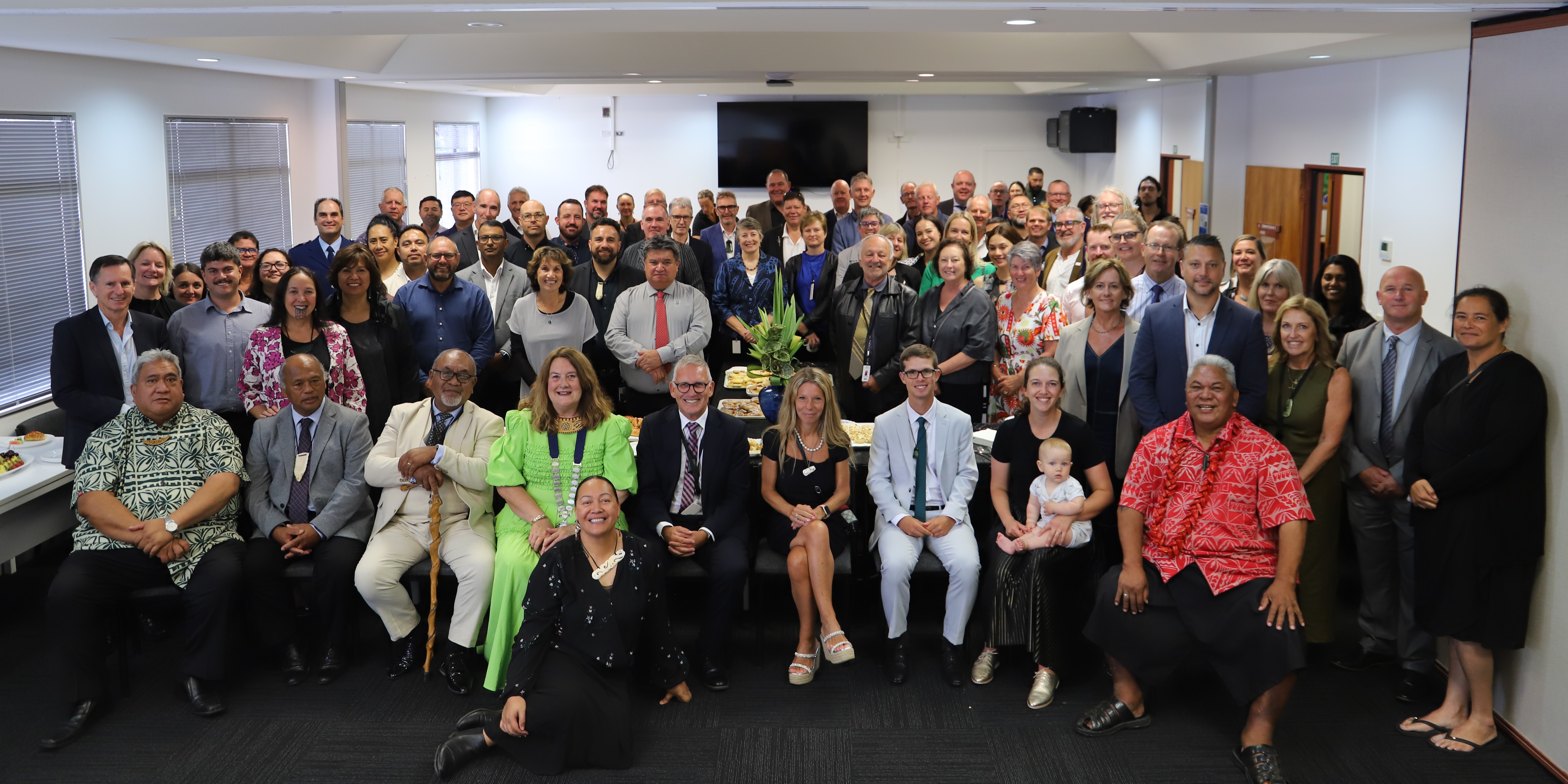 Group photo of attendees at poowhiri for Waikato District Council CEO Craig Hobbs.