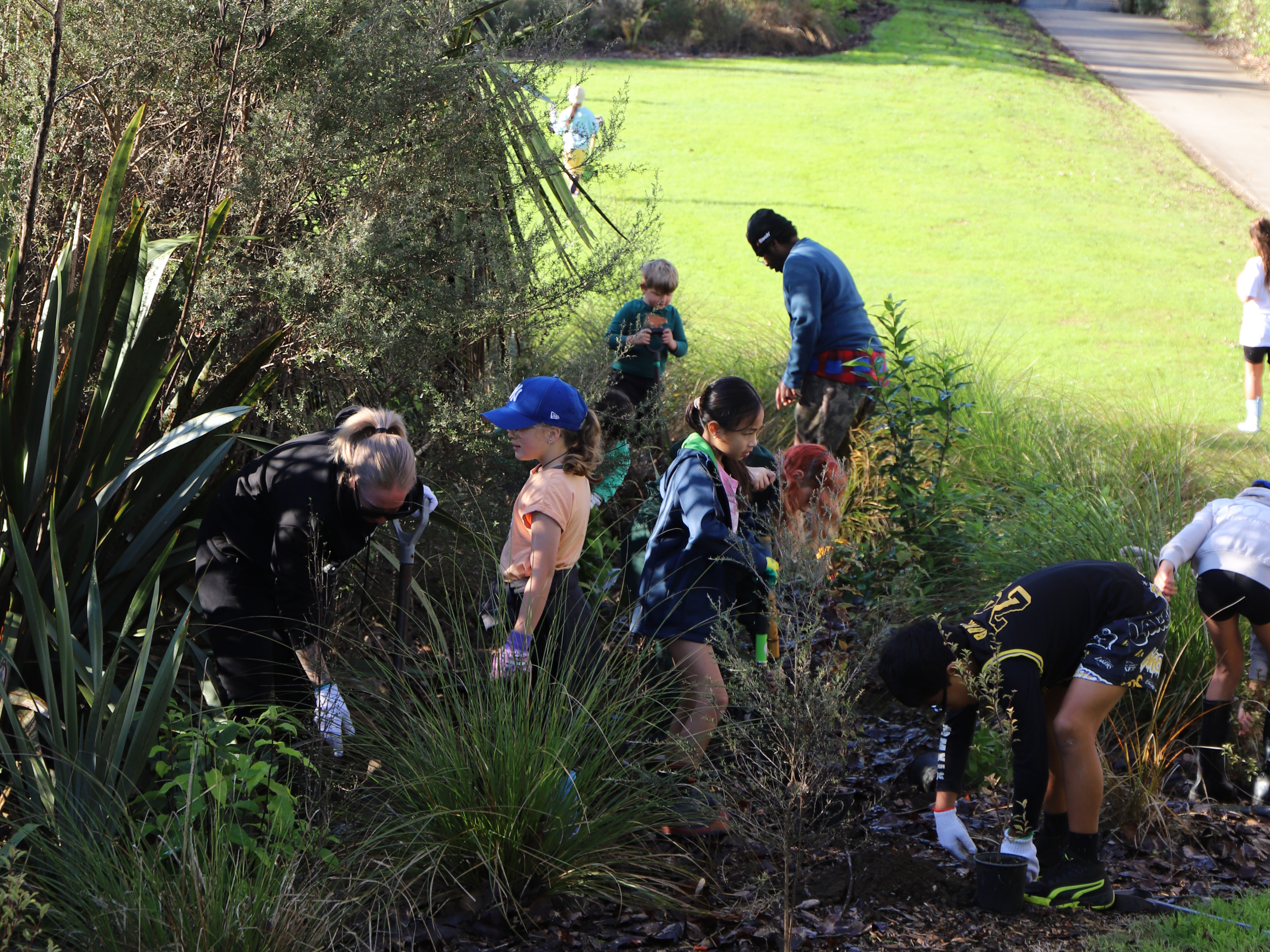 A group of people, including children, are engaged in outdoor planting. They are surrounded by tall grass and trees, conveying teamwork and environmental care.