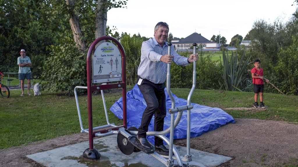 Mayor Allan Sanson tries the fitness trail cycle strider DSCF5434 - 16x9 Waikato District Mayor Allan Sanson tries the new fitness trail cycle strider
