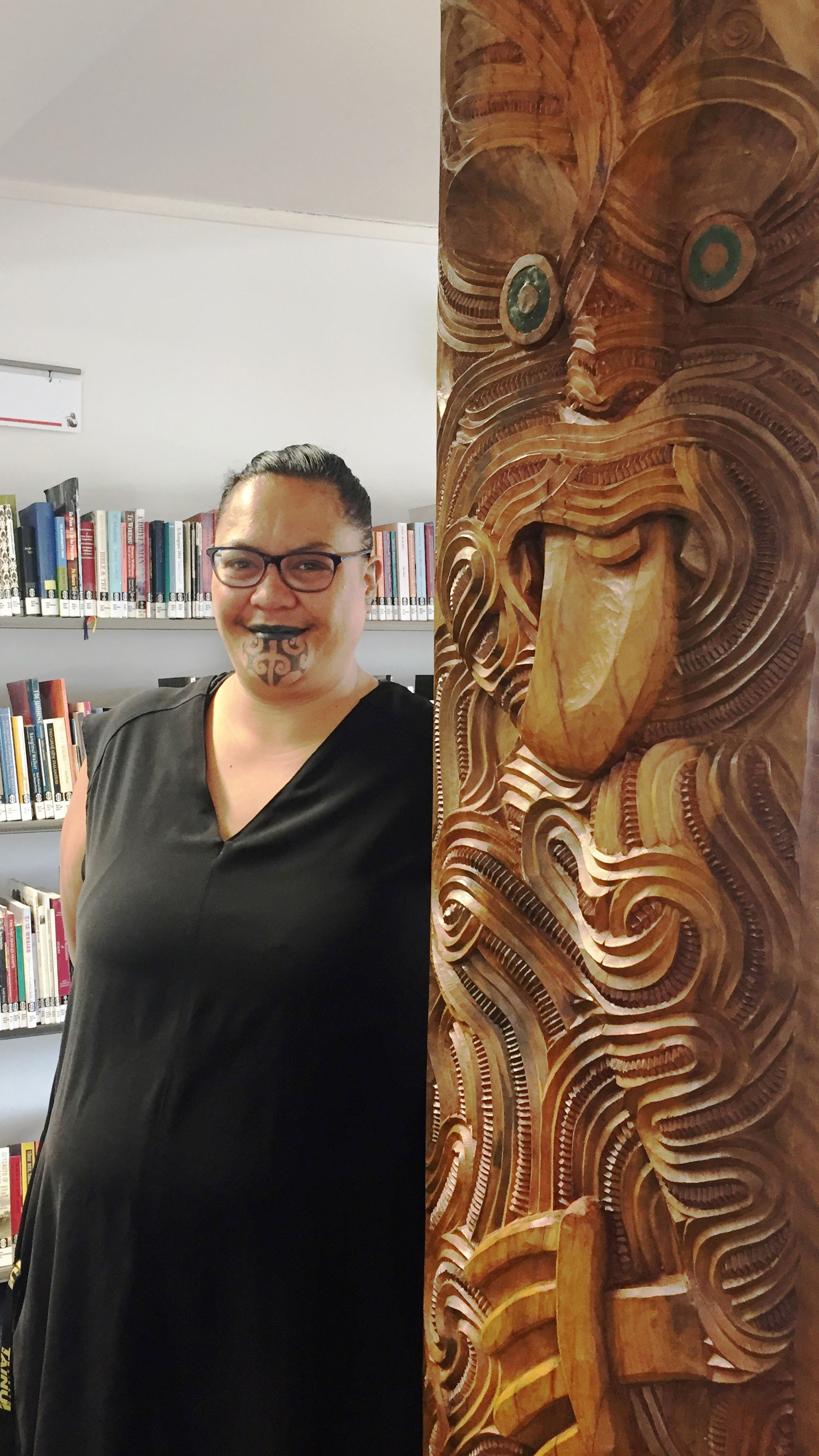 Tipa Mahuta, pictured with the new carving in the Sir Robert Mahuta room, named after her father. 