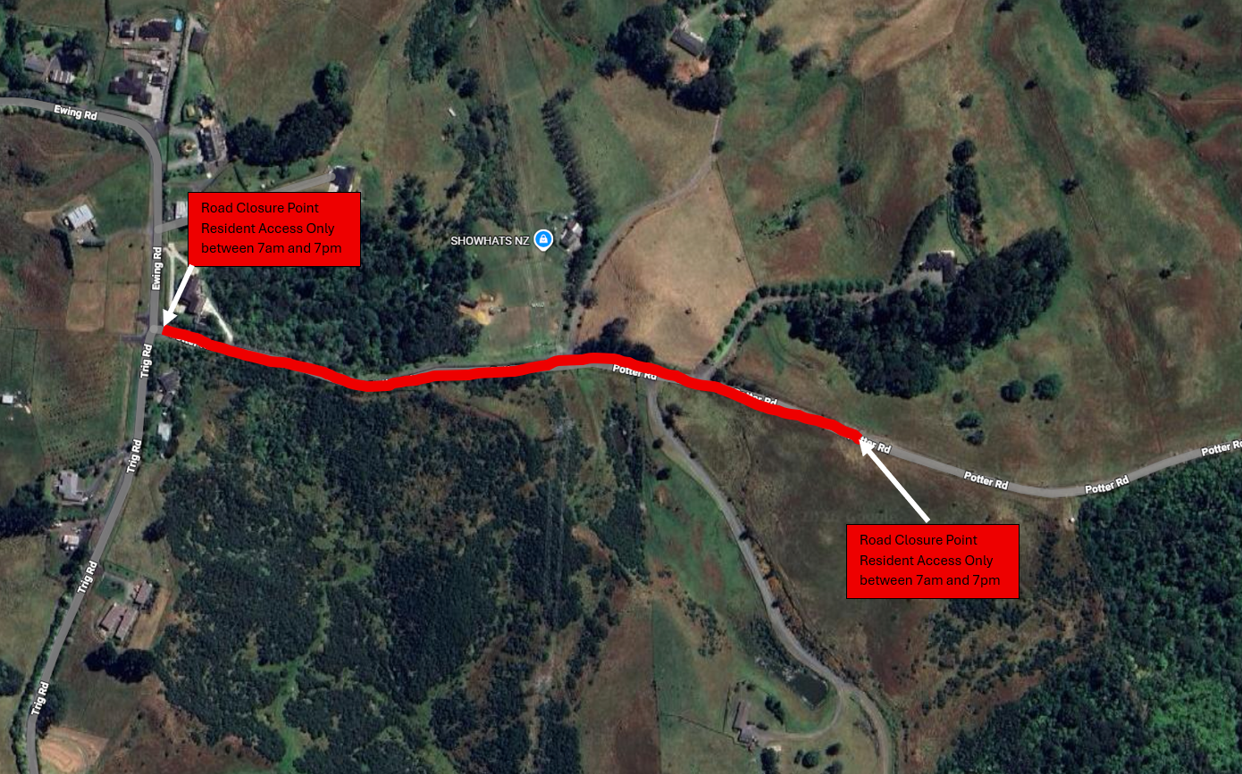 Map showing the area on Potter Road that will be affected and the detour.
